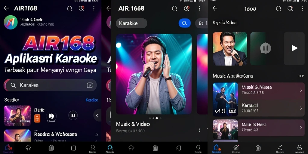 Antarmuka pengguna AIR168 dengan tampilan fitur karaoke yang menarik.