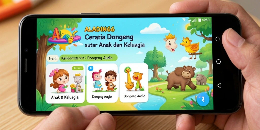 Antarmuka aplikasi ALADIN66 dengan pilihan cerita audio yang beragam.